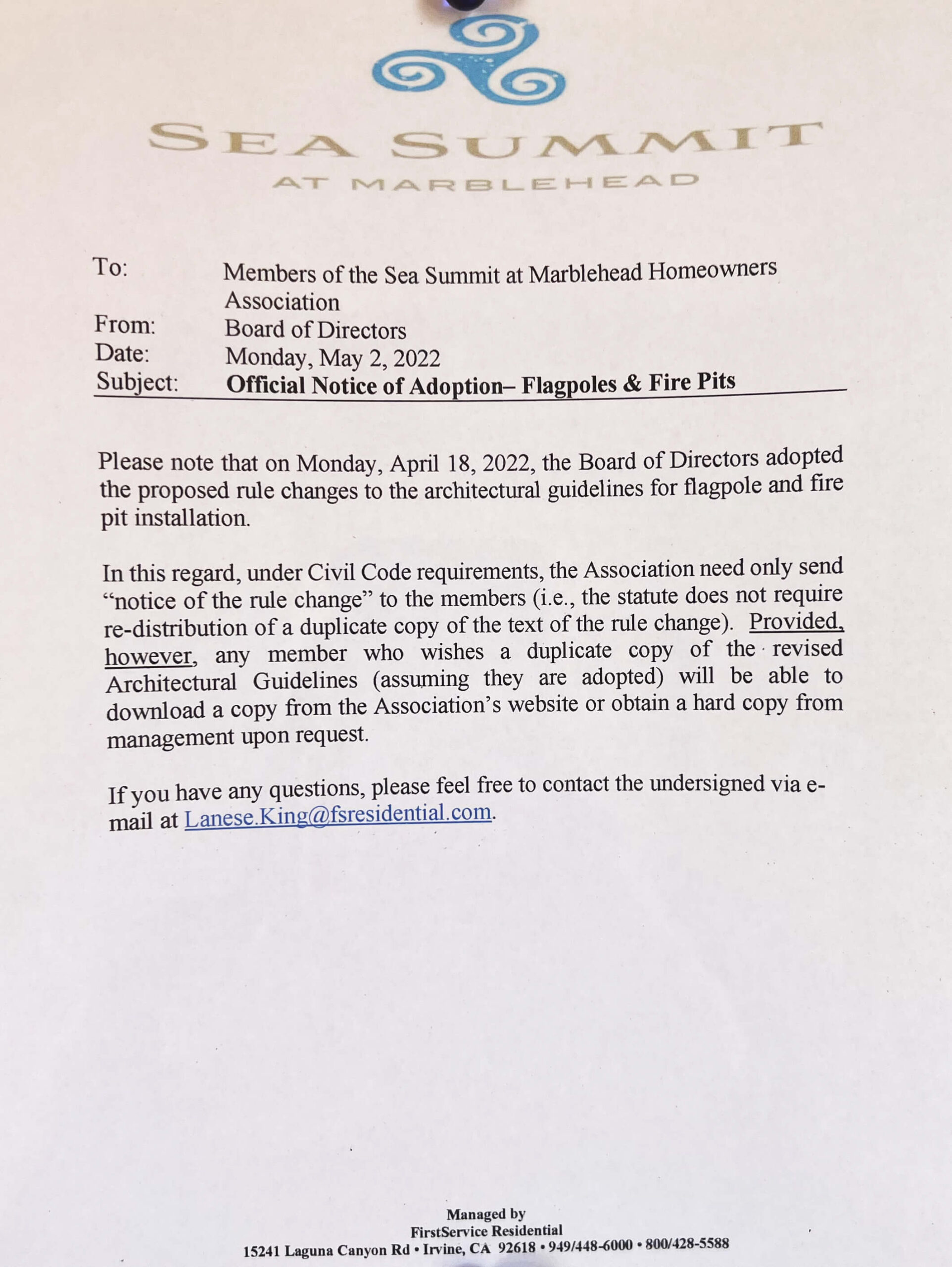 Official Notice of Adoption – Flagpoles & Fire Pits, May 2, 2022